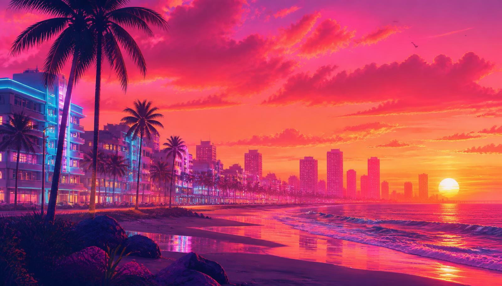 Neon sunset over a Vice City-style beach skyline